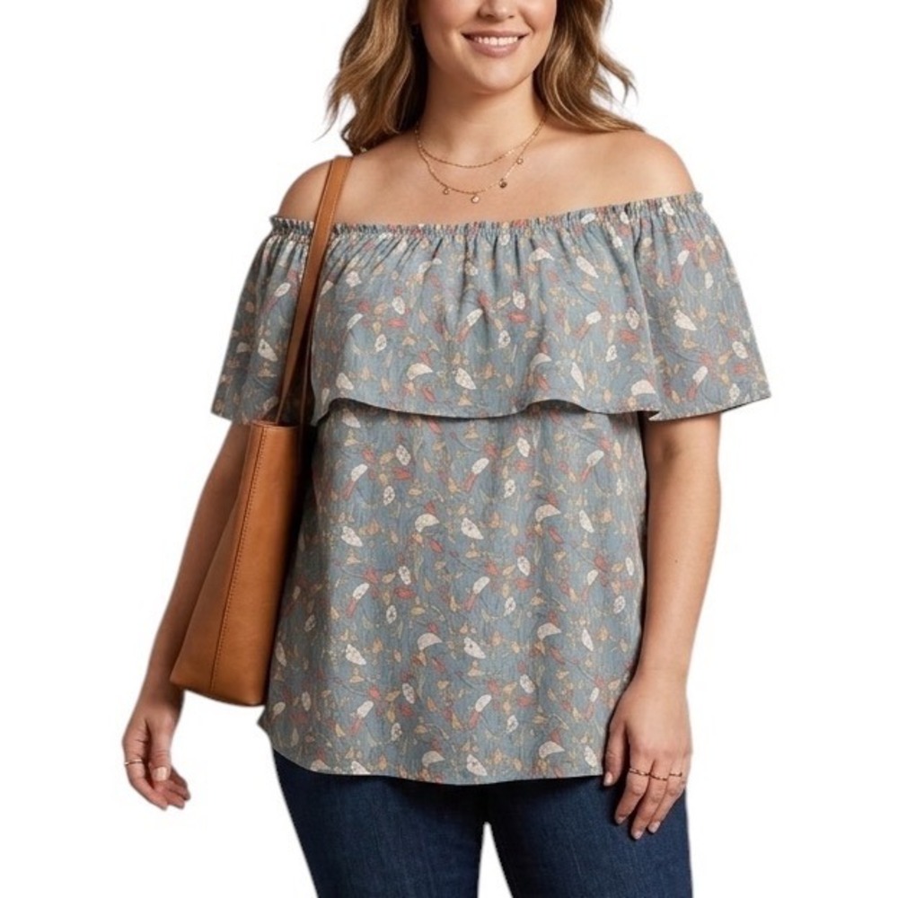 Vision USA 90s Womens Blue Floral Off The Shoulder Ruffle Top Boho Blouse Large